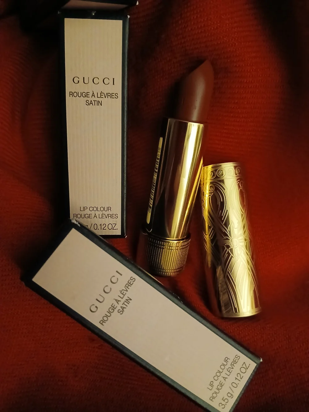 Gucci Satin Lipstick in Warm Brown with Gold Case